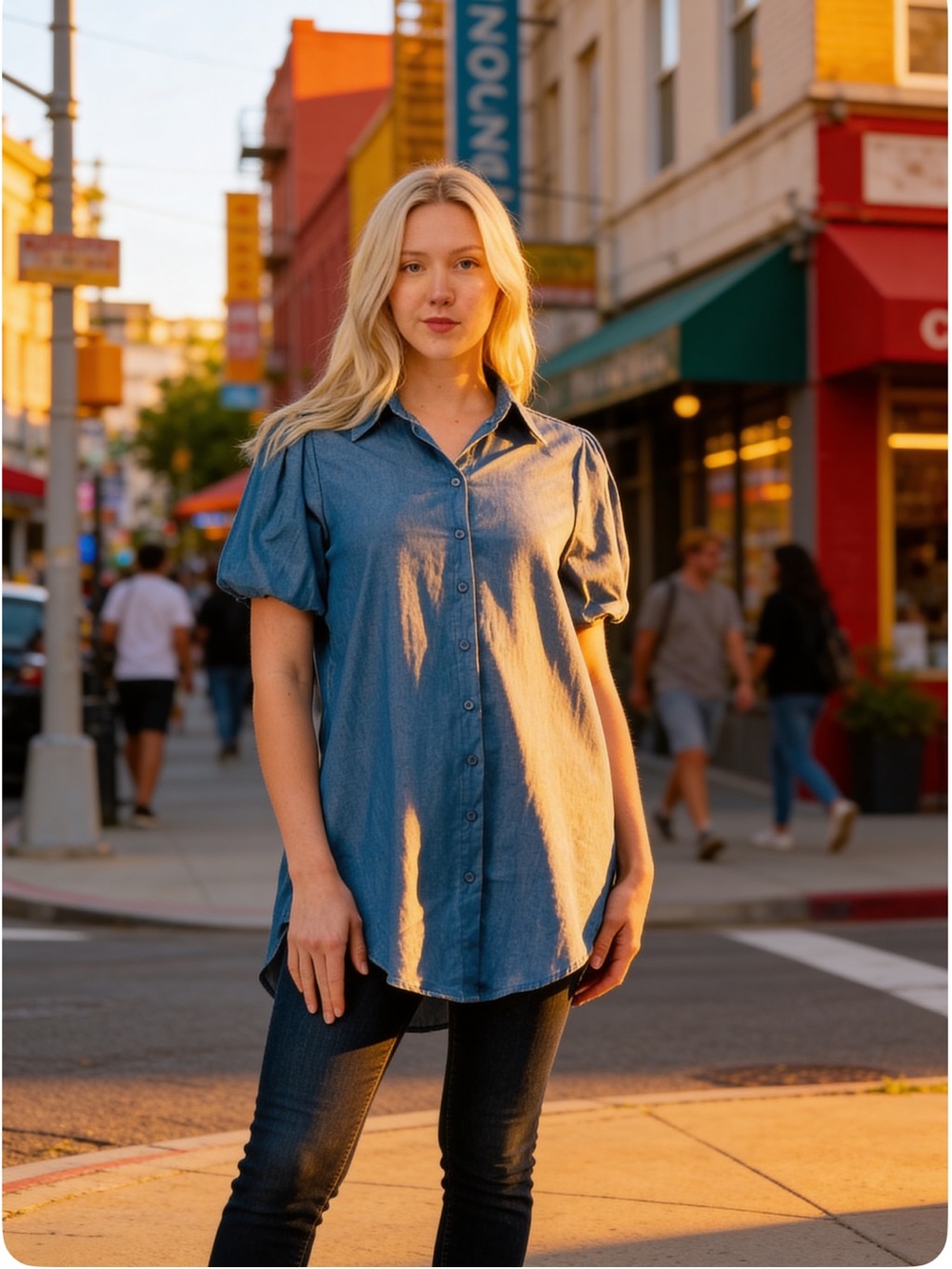 ShopEvelynne Blue Puff Sleeve Button Down Tunic